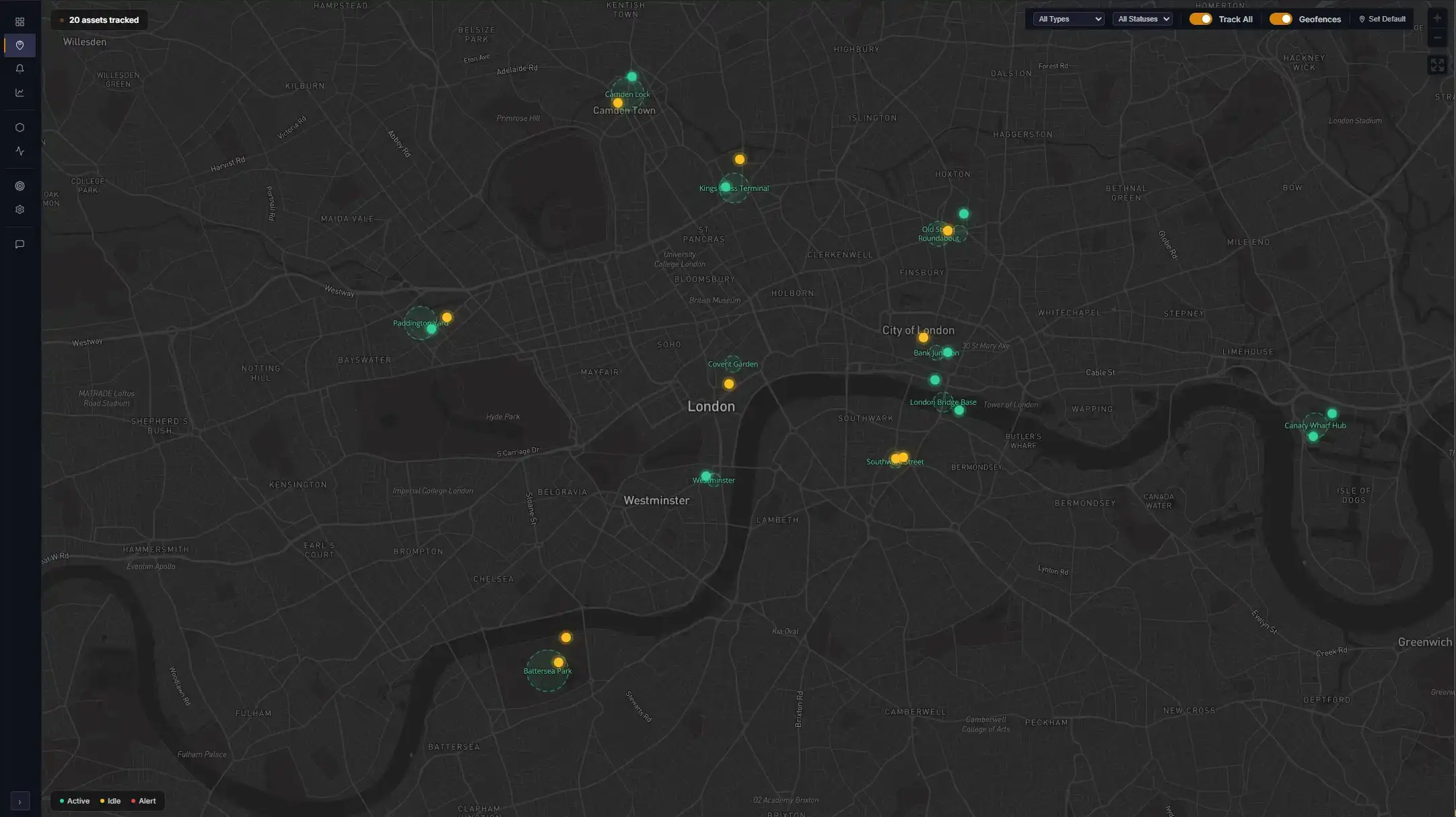 AirTracker fleet map showing asset locations and geofence zones