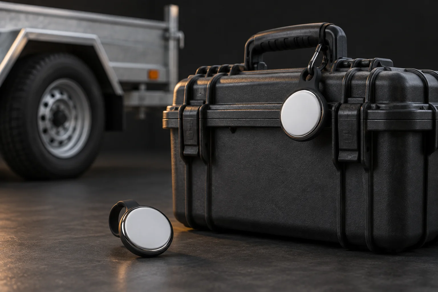 3D illustration of a tracker attached to an equipment case, with a utility trailer behind it